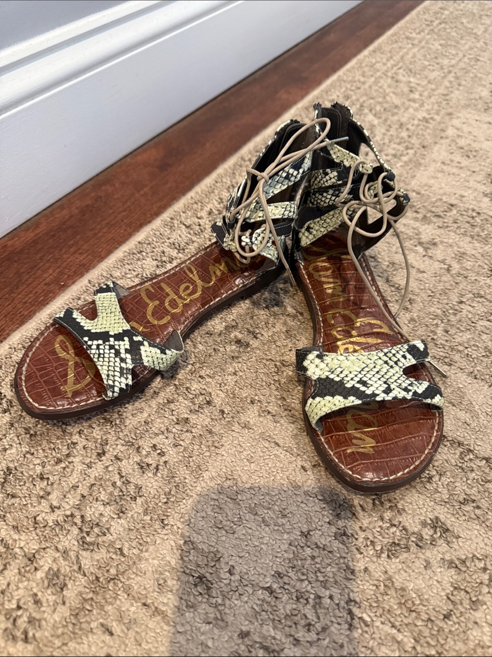 Sam Edelman Snake-Print Lace-Up Sandals in Black and Cream
